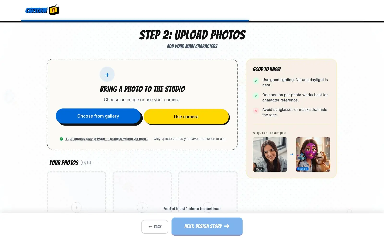 Cartoon It creator, step 2: upload photos, with a privacy notice