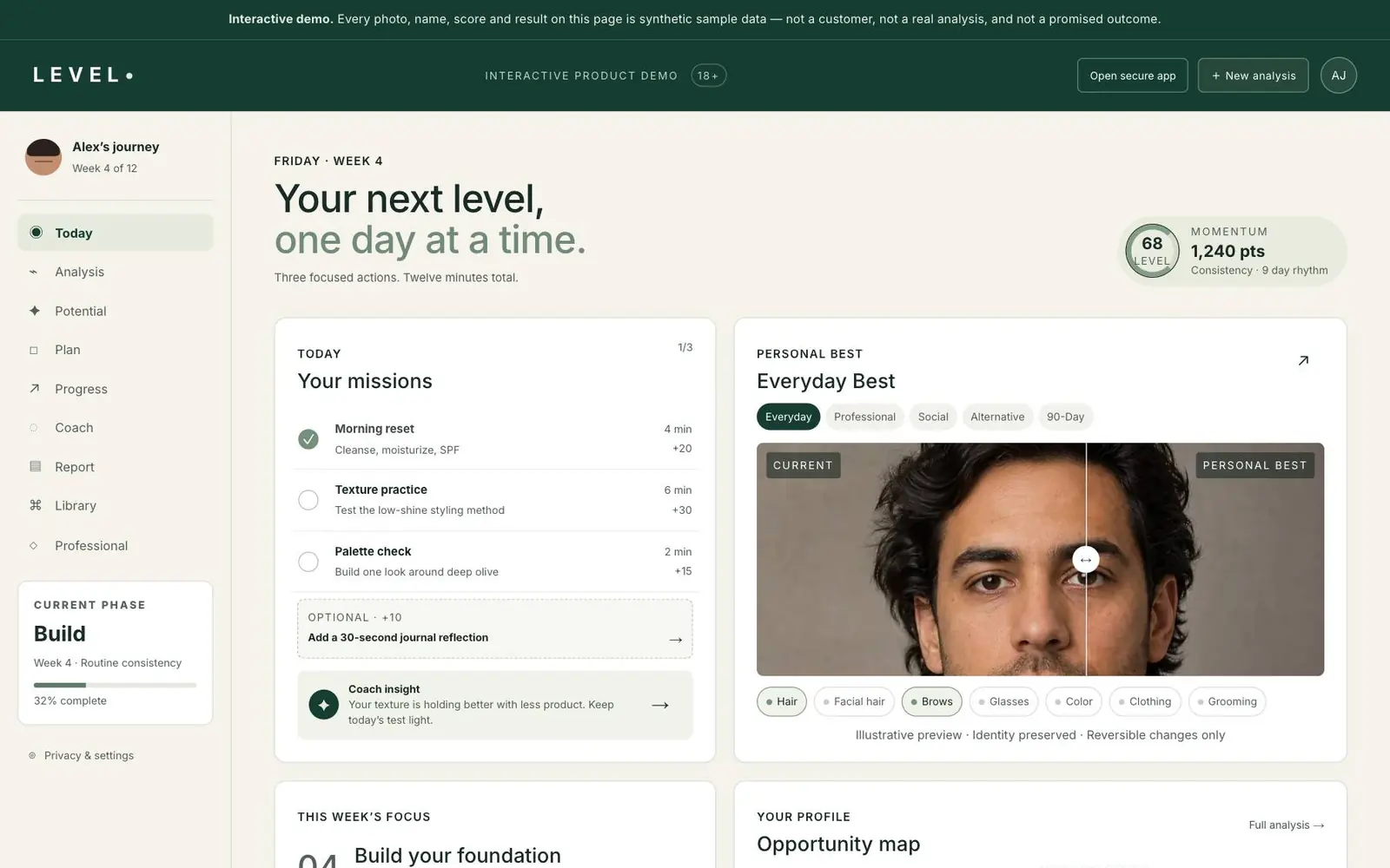 LEVEL app dashboard demo with daily missions, a personal-best preview and an opportunity map (synthetic sample data)